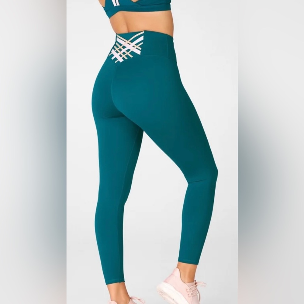 Fabletics Boost Powerhold Crisscross Back 7/8 Length Leggings Deep Teal Size S
